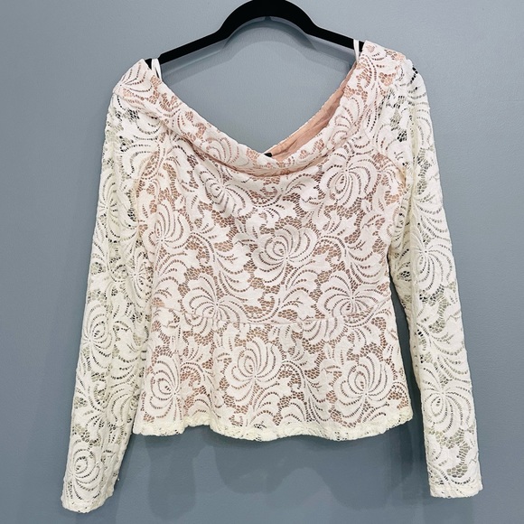 BCBGMaxazria Alea White Lace Nude Off the Shoulder Blouse Size Medium - Picture 3 of 9